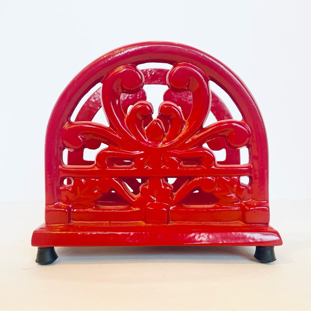 Heavy Made Cast Iron Napkin Holder Home Red Enameled 5” Tall x 5.5” Long - Picture 2 of 7